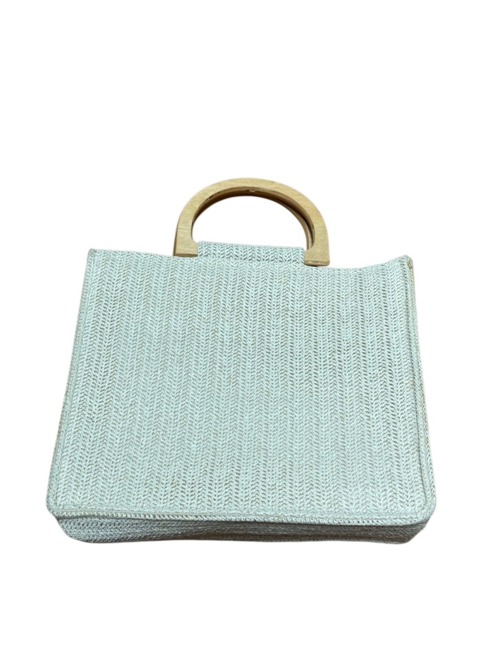 Woven Straw Tote Bag with Wooden Handles Coastal Summer Beach Handbag